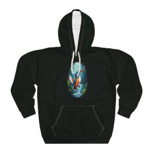 Unisex Bird Hoodie with vibrant bird design in dark fabric