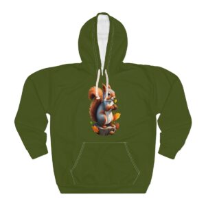 Squirrel Hoodie featuring a playful squirrel graphic on a green unisex pullover.