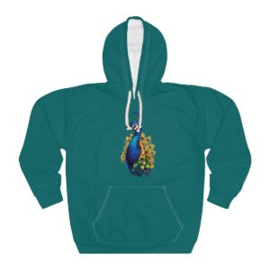 Peacock Hoodie with colorful peacock design on teal fabric