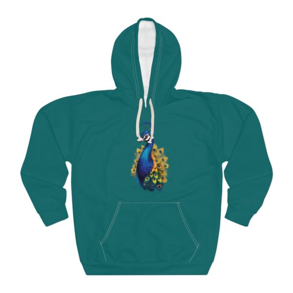 Peacock Hoodie with colorful peacock design on teal fabric