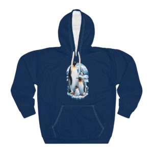 Navy blue Penguin Hoodie with a front graphic of two penguins standing in a snowy landscape.