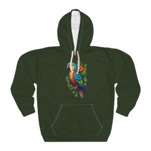 Parrot Hoodie with tropical bird design on a green unisex pullover.