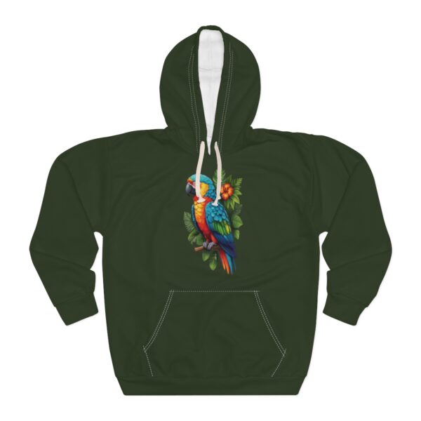 Parrot Hoodie with tropical bird design on a green unisex pullover.