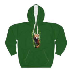 Green Panda Hoodie with red panda design on bamboo background