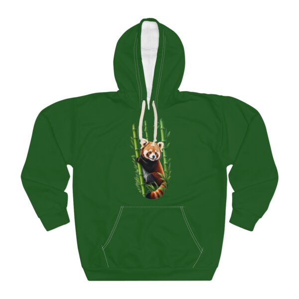 Green Panda Hoodie with red panda design on bamboo background