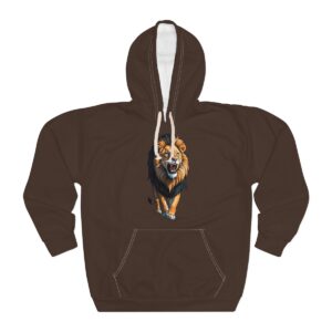 Lion Hoodie, unisex pullover with bold lion design in brown.