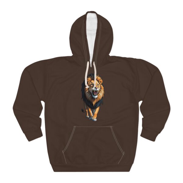 Lion Hoodie, unisex pullover with bold lion design in brown.