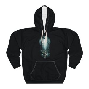 Unisex black hoodie featuring a unique forest path design under moonlight.