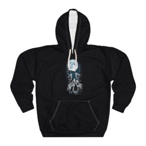 Black hoodie with a design of two wolves howling at the full moon