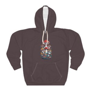 Mushrooms Hoodie with a colorful jar of mushrooms design on a brown unisex pullover.