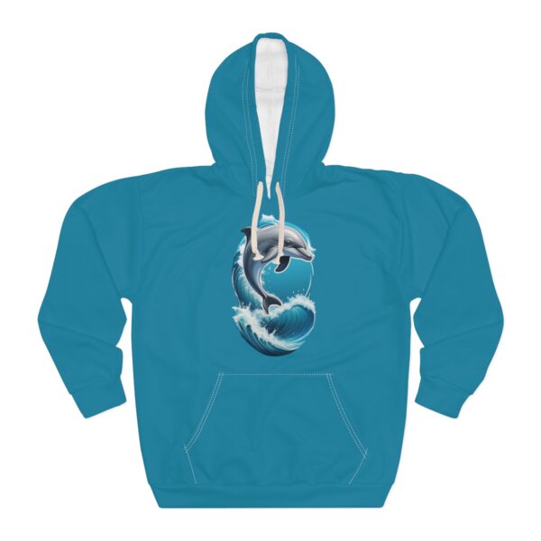 Dolphin Hoodie featuring a leaping dolphin illustration on a navy-blue background