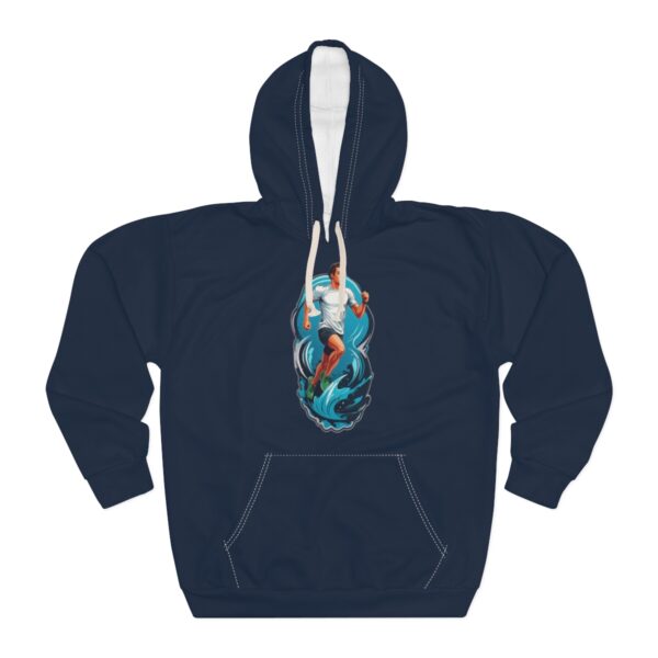 Unisex Pullover Runner Hoodie featuring a bold runner design on a navy background