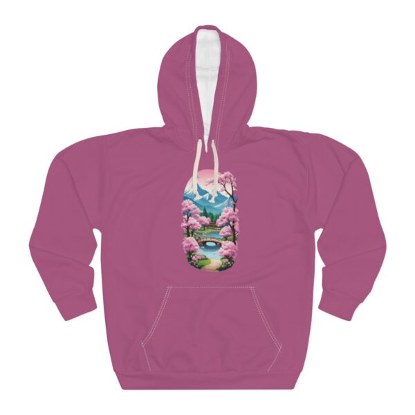 Cherry Blossom Hoodie with nature-inspired design featuring blooming cherry blossoms, a bridge, and a serene river scene.