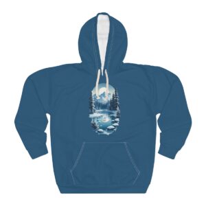 Blue winter hoodie with a peaceful winter landscape printed on the front.