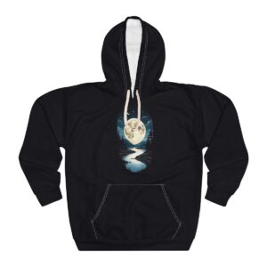 Moon Hoodie with full moon graphic reflecting over water.