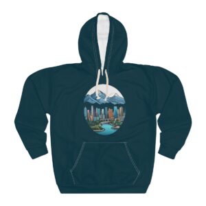 Unisex Skyline Hoodie with a cityscape and mountain design