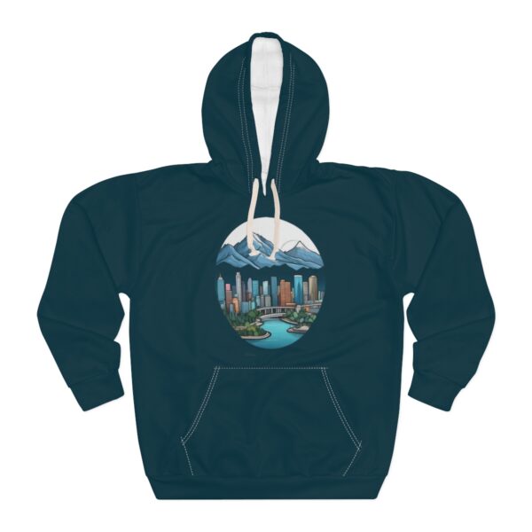 Unisex Skyline Hoodie with a cityscape and mountain design