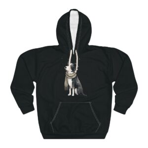 Border Collie Hoodie with an illustration of a Border Collie on black fabric