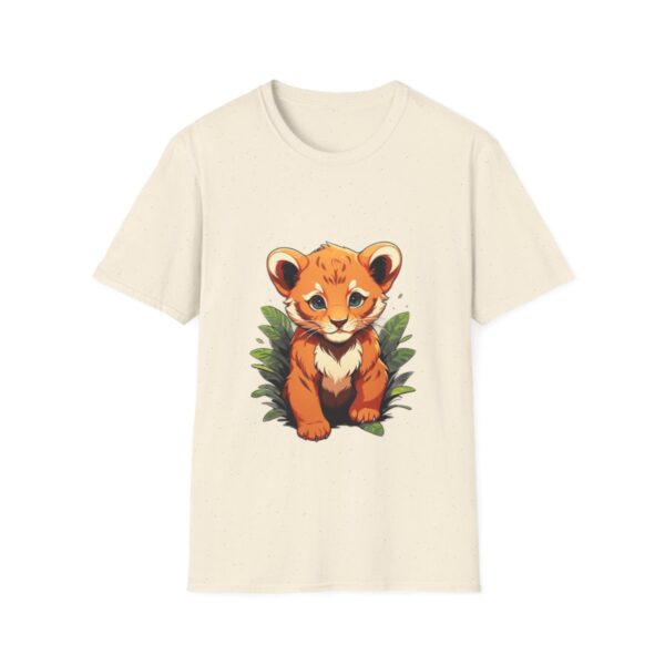 Beige t-shirt with a cute lion cub design surrounded by green foliage