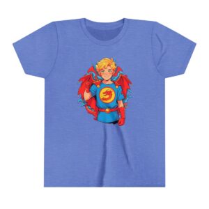 Superhero boy illustration on youth short sleeve tee with a dragon emblem and red cape