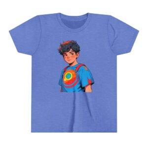 Superhero boy illustration on youth short sleeve tee with a confident pose and emblem on shirt