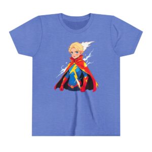 Superheroine girl illustration on youth short sleeve tee with a red cape and lightning background