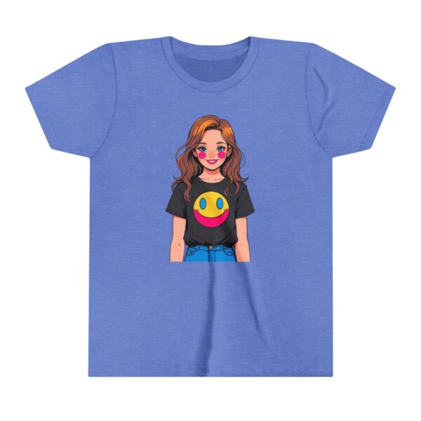 Superhero girl illustration on youth short sleeve tee with a smiley face on her shirt and a confident expression