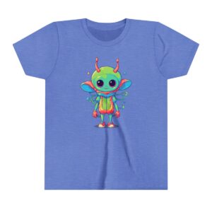 Cute colorful alien character illustration on youth short sleeve tee with antennae and bright colors