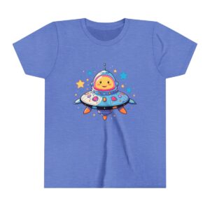 Adorable spaceship illustration on youth short sleeve tee with a smiling character and stars