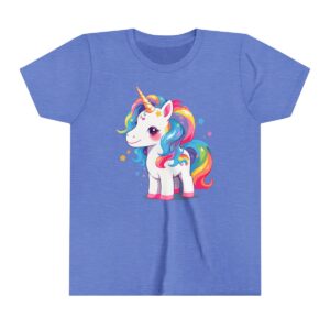 Cute unicorn illustration on youth short sleeve tee with a colorful rainbow mane and sparkles