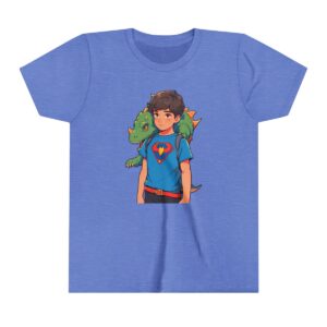 Superhero boy illustration on youth short sleeve tee with a dragon companion on his shoulder