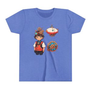 Time traveler character illustration on youth short sleeve tee with steampunk time machine elements