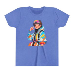 Time traveler character illustration on youth short sleeve tee with colorful futuristic outfit