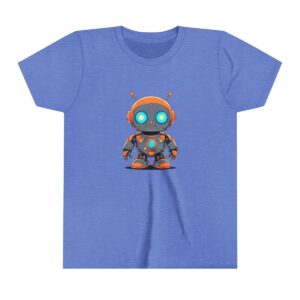 Cute robot illustration on youth short sleeve tee with glowing blue eyes and orange details