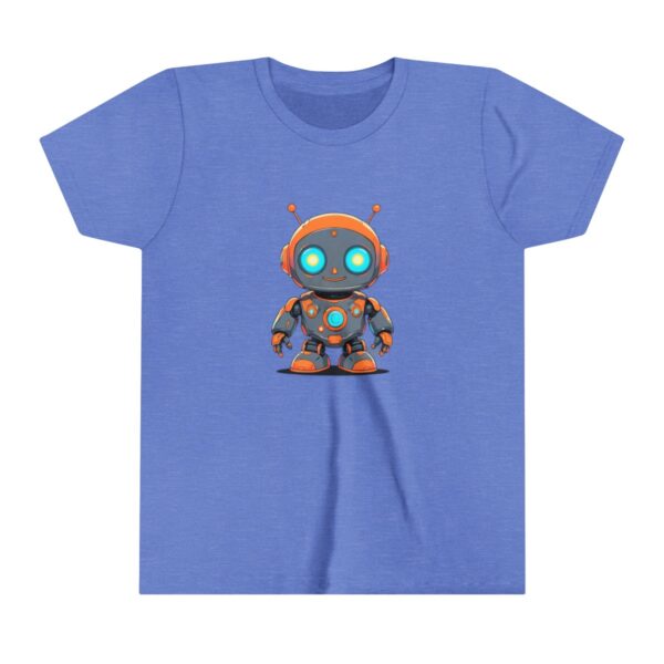 Cute robot illustration on youth short sleeve tee with glowing blue eyes and orange details