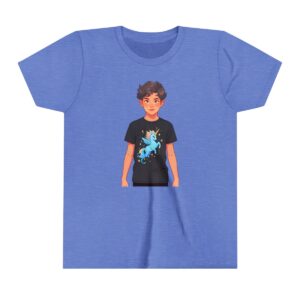 Mythical creature illustration on youth short sleeve tee worn by a character