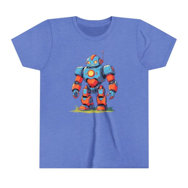 Giant robot illustration on youth short sleeve tee standing on grass