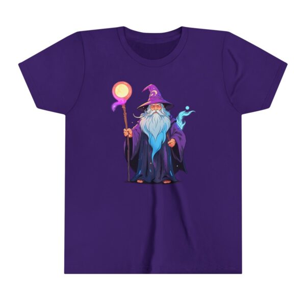 Wizard illustration on youth short sleeve tee with magical staff and flowing robe