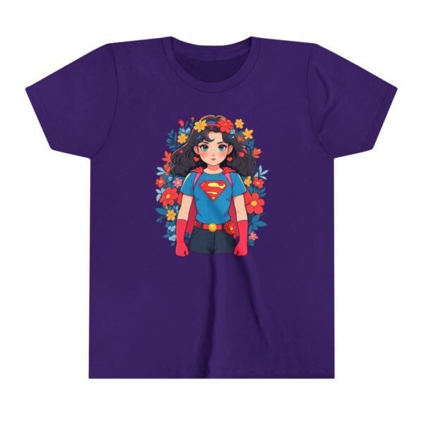 Superhero girl illustration on youth short sleeve tee with floral wreath and red cape