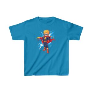 Kids Heavy Cotton Tee with a cartoon superhero boy in a red cape and lightning powers