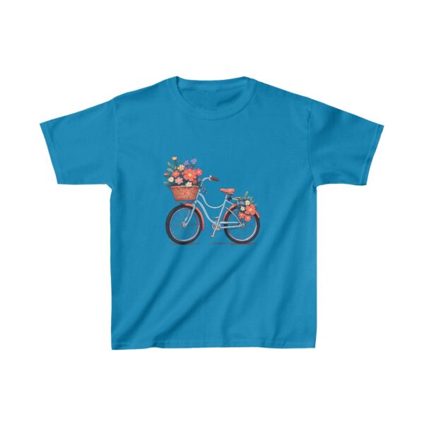 Kids Heavy Cotton Tee with a blue bicycle featuring flower-filled baskets