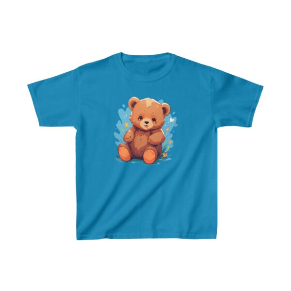 cute teddy bear sitting with blue background on a kids tee