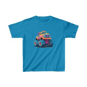 Kids Heavy Cotton Tee with a colorful monster truck featuring large pink and blue wheels