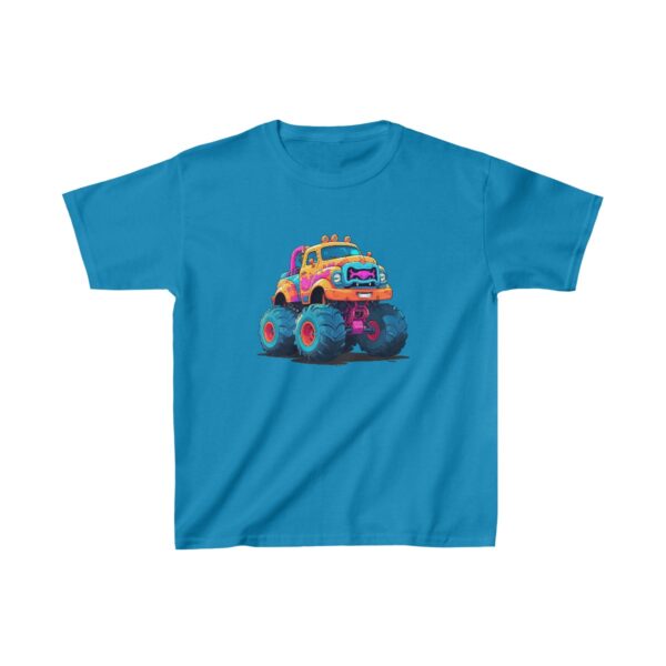 Kids Heavy Cotton Tee with a colorful monster truck featuring large pink and blue wheels