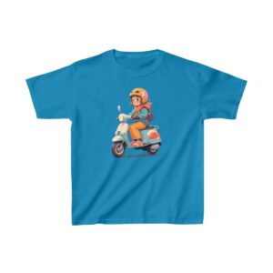 Kids Heavy Cotton Tee with a child riding a white scooter wearing a helmet and backpack