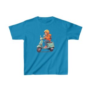 Kids Heavy Cotton Tee with a child riding a scooter in a helmet and backpack