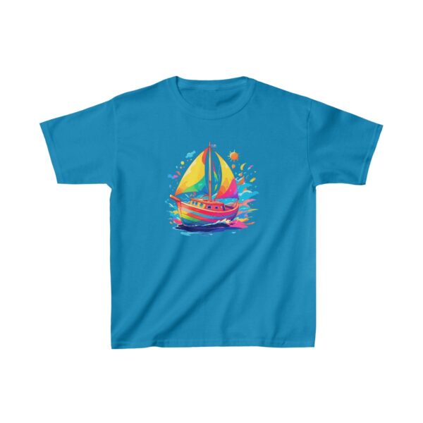 Kids Heavy Cotton Tee with colorful boat sailing on water with splashes and sun