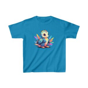 adorable microraptor with colorful feathers on a kids tee