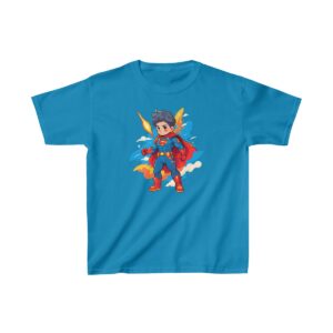 Superhero kid standing with cape and mask on a Kids Heavy Cotton Tee