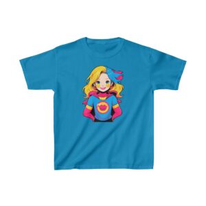 Kids Heavy Cotton Tee with superhero girl illustration, cape, and mask